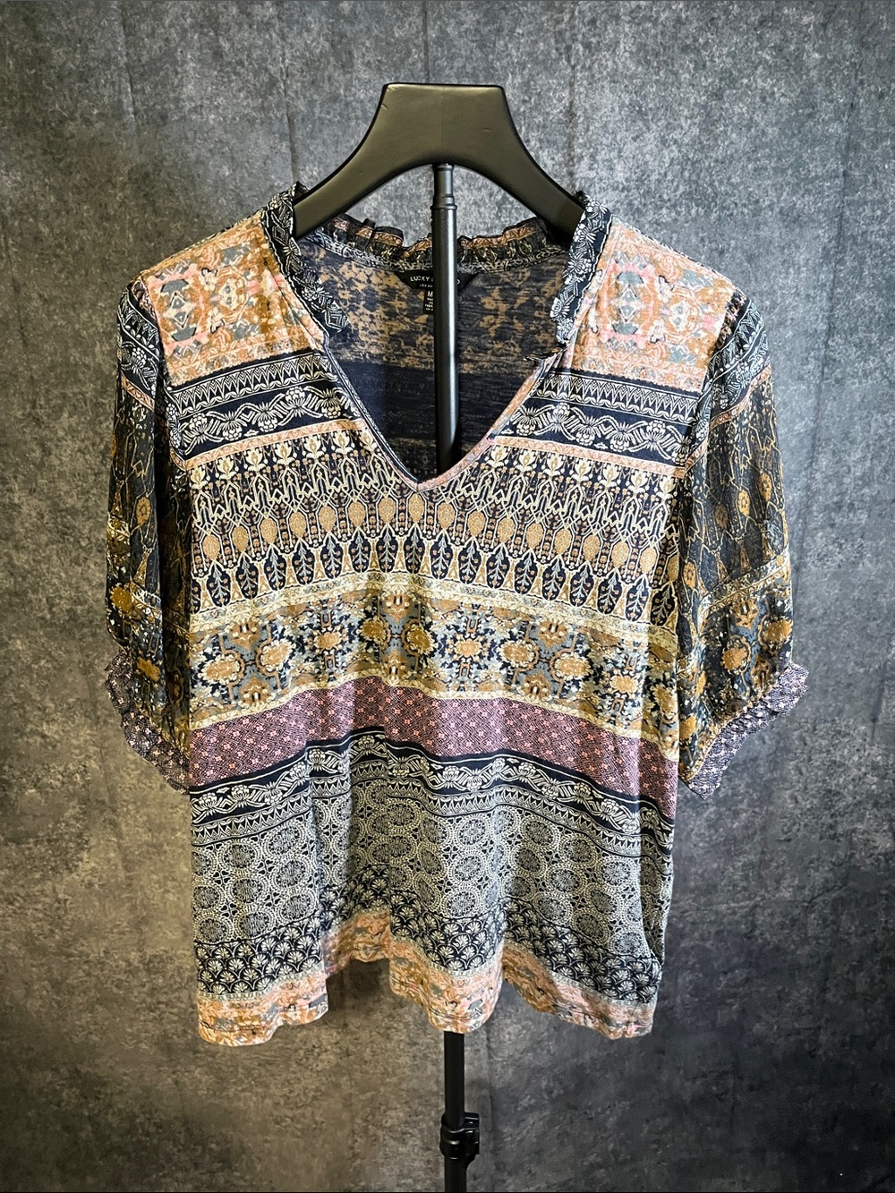 Lucky Brand Multicolor Patchwork V-Neck Blouse